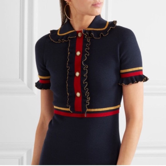 NEW! Gucci Faux Pearl Embellished Ruffled Wool Blend Mini Dress in Navy (size M) - Picture 1 of 16